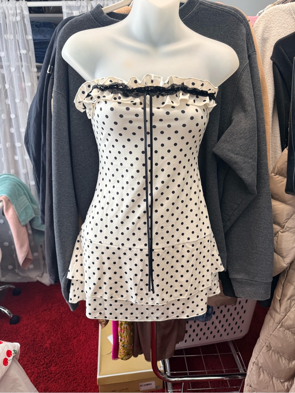 Polka Dot Strapless Ruffle Mini Dress - White/Black
